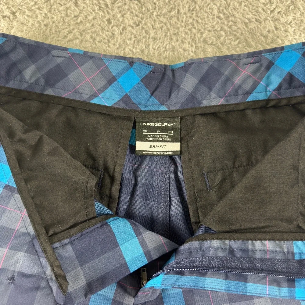 Nike Golf Mens Dri-FIT Plaid Shorts Blue Grey Size 28 Performance
